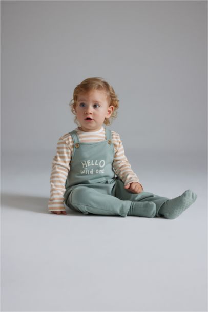 Erkek Bebek 2'li Takım Çizgili Uzun Kollu Tişört Baskılı Salopet Tulum