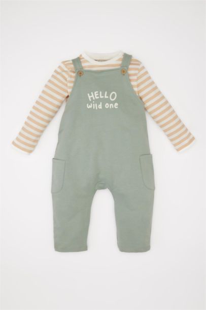 Erkek Bebek 2'li Takım Çizgili Uzun Kollu Tişört Baskılı Salopet Tulum