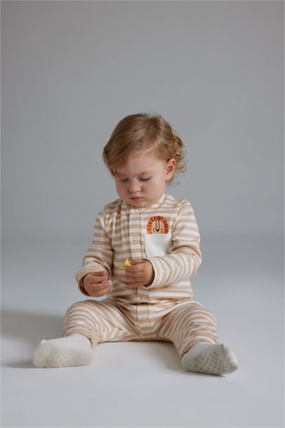 Çizgili Fitilli Kaşkorse Uzun Kollu Tulum Erkek Bebek Yenidoğan