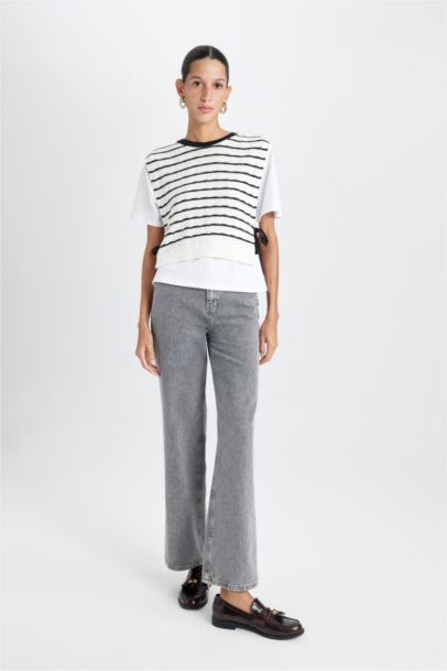 Regular Fit Bisiklet Yaka Çizgili Yan Bağcıklı Süveter