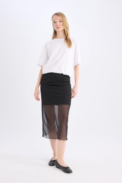 Regular Waist Draped Lined Tulle Midi Skirt