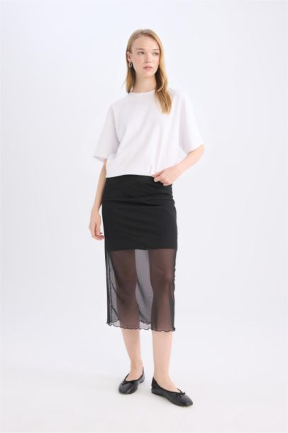 Regular Waist Draped Lined Tulle Midi Skirt