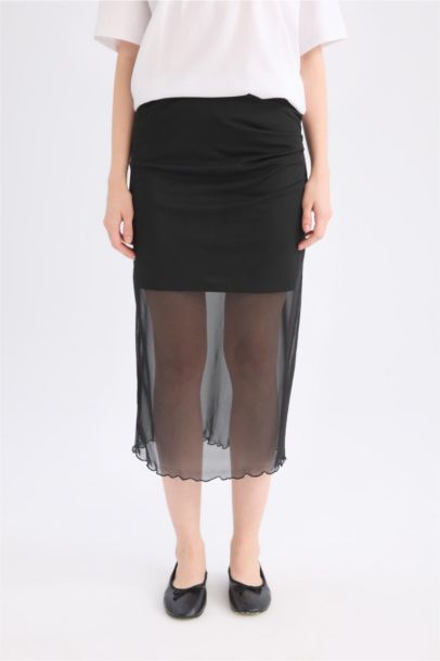 Regular Waist Draped Lined Tulle Midi Skirt