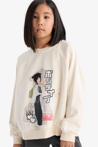 Relax Fit Bisiklet Yaka Anime Baskılı Sweatshirt Kız Çocuk