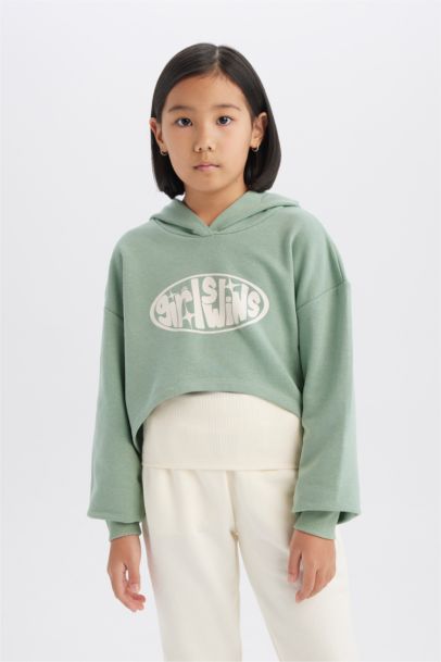 2'li Takım Crop Kapüşonlu Baskılı Sweatshirt Atlet Kız Çocuk