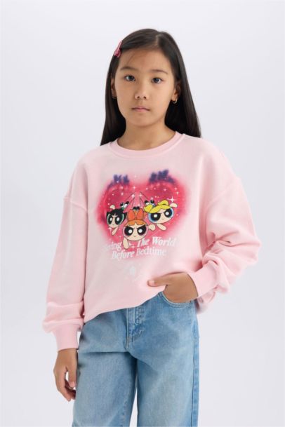 Kız Çocuk PowerPuff Girls Relax Fit Bisiklet Yaka Sweatshirt