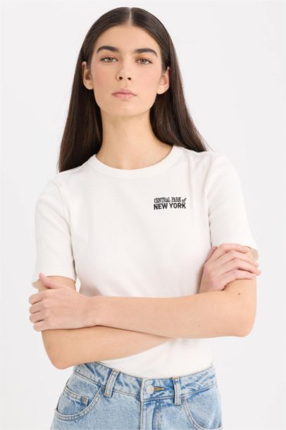 Fitted Crew Neck Slogan Printed Ribbed Camisole T-Shirt