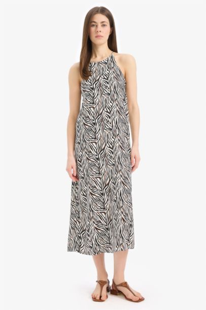 Robe mi-longue sans manches motif zèbre à col rond Coupe droite