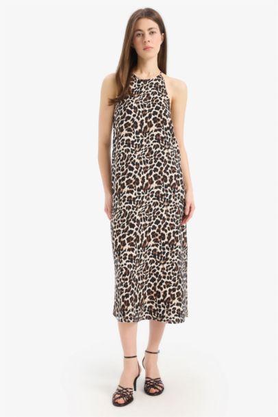 Straight Fit Round Collar Animal Print Sleeveless Midi Dress