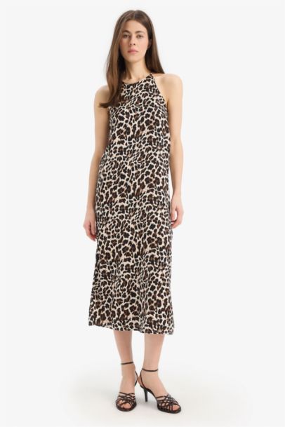 Straight Fit Round Collar Animal Print Sleeveless Midi Dress
