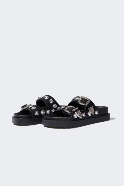 Woman Flat Sole Faux Leather Slippers