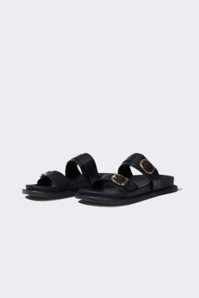 Woman Flat Sole Faux Leather Slippers