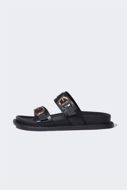 Woman Flat Sole Faux Leather Slippers