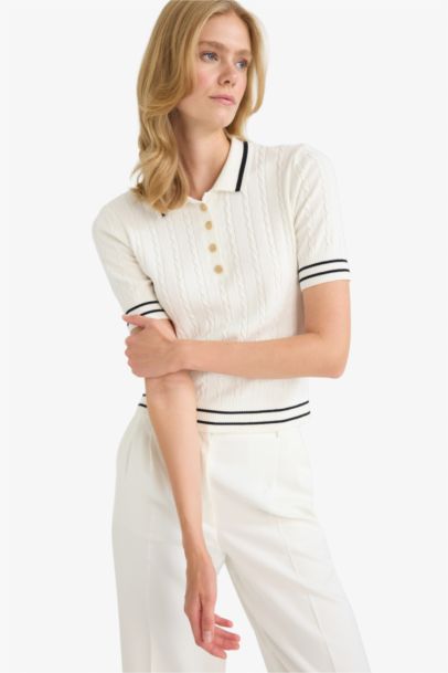 Regular Fit Polo Neck Short Sleeve Knit Pullover