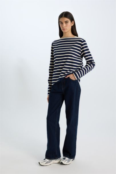 تي شيرت كم طويل مخطط قصة عادية بياقة مستديرة