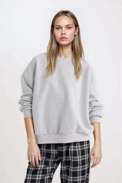 Oversize Geniş Kalıp Bisiklet Yaka Basic Düz Kalın Gri Sweatshirt