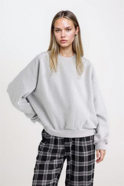 Oversize Geniş Kalıp Bisiklet Yaka Basic Düz Kalın Gri Sweatshirt