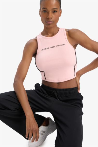 DeFactoFit Slogan Printed Ribbed Sports Crop Top