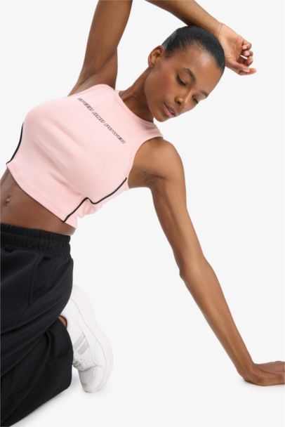 DeFactoFit Slogan Printed Ribbed Sports Crop Top