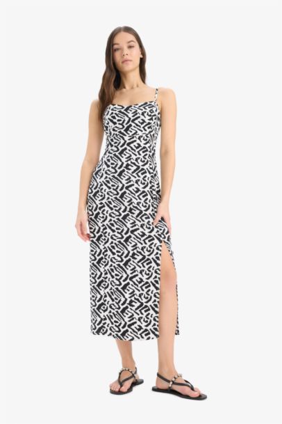 Straight Fit Round Collar Printed Sleeveless Midi Dress