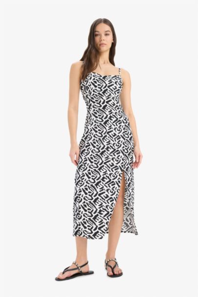 Straight Fit Round Collar Printed Sleeveless Midi Dress