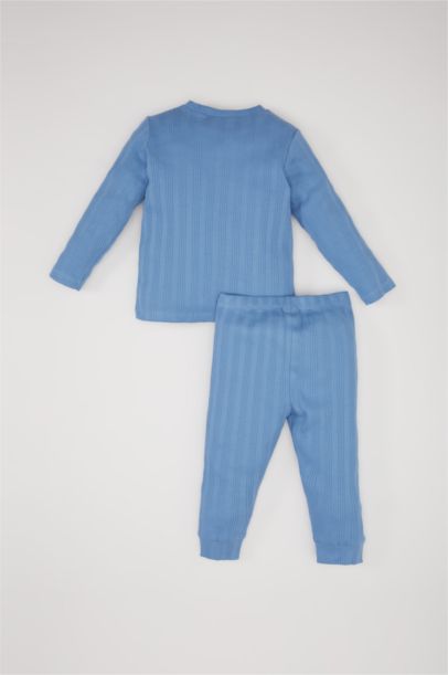 Pijama Takımı Fitilli Kaşkorse Dinozor Baskılı Uzun Kollu Üst Beli Lastikli Uzun Alt Erkek Bebek