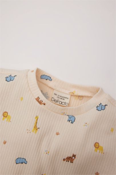 Pijama Takımı Safari Baskılı Fitilli Kaşkorse Uzun Kollu Üst Beli Lastikli Uzun Alt Erkek Bebek