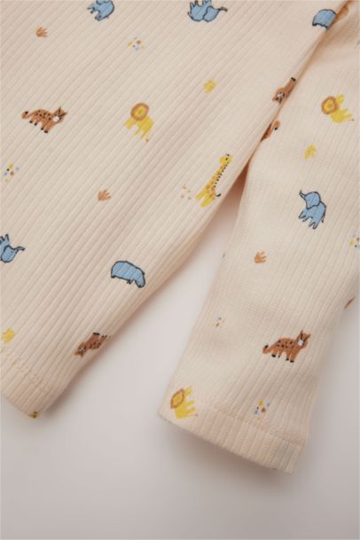 Pijama Takımı Safari Baskılı Fitilli Kaşkorse Uzun Kollu Üst Beli Lastikli Uzun Alt Erkek Bebek