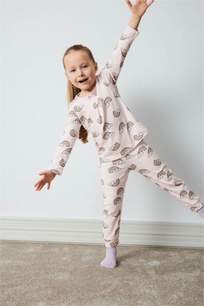 Pijama Takımı Gökkuşağı Baskılı Uzun Kollu Üst Beli Lastikli Uzun Alt Kız Bebek