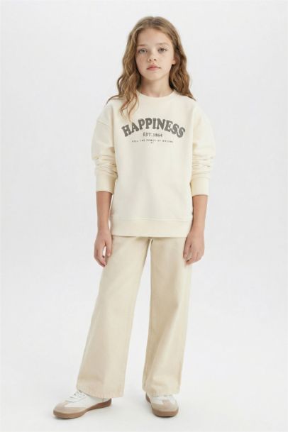 Relax Fit Bisiklet Yaka Baskılı Okul Sweatshirt Kız Çocuk