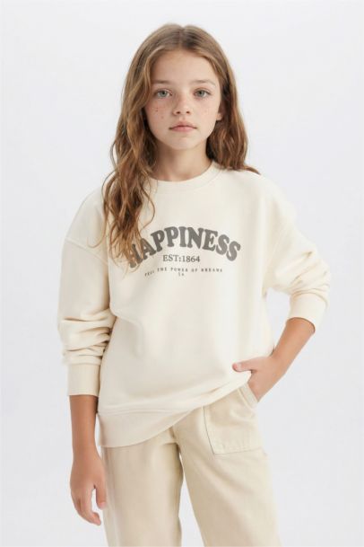 Relax Fit Bisiklet Yaka Baskılı Okul Sweatshirt Kız Çocuk