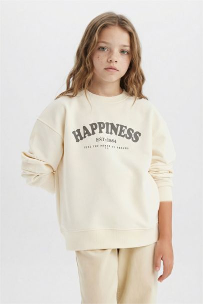 Relax Fit Bisiklet Yaka Baskılı Okul Sweatshirt Kız Çocuk