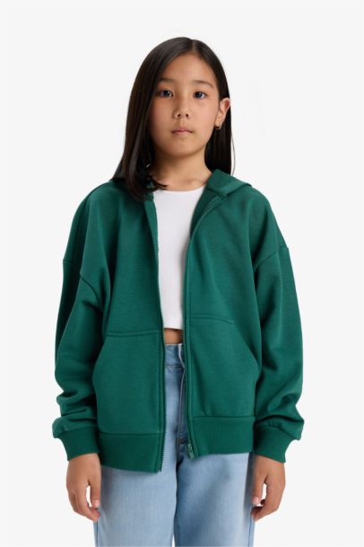 Girl Hooded Basic Pocket Zippered Sweatshirt