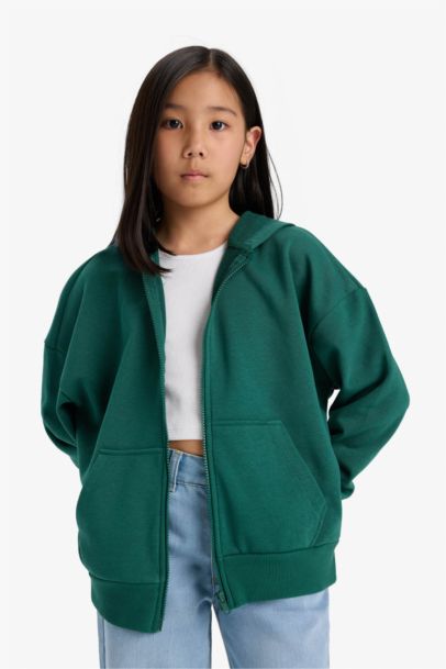 Girl Hooded Basic Pocket Zippered Sweatshirt