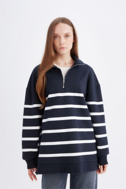 Relax Fit Polo Yaka Çizgili İçi Yumuşak Tüylü Kalın Sweatshirt Tunik