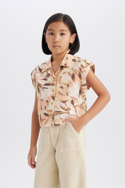 Girl Crop Patterned Cotton Short Sleeve Shirt