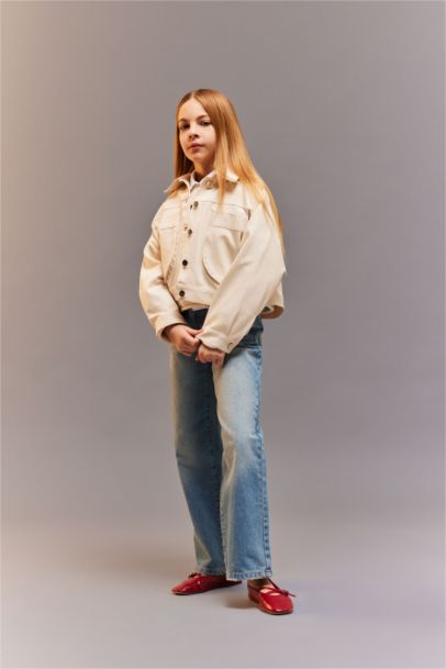 Crop Pamuklu Uzun Kollu Gömlek Ceket Kız Çocuk