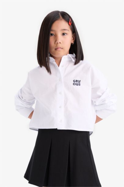 Cropped Fit Oxford Uzun Kollu Gömlek Kız Çocuk