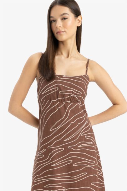 Square Collar Strappy Patterned Linen Blend Midi Dress