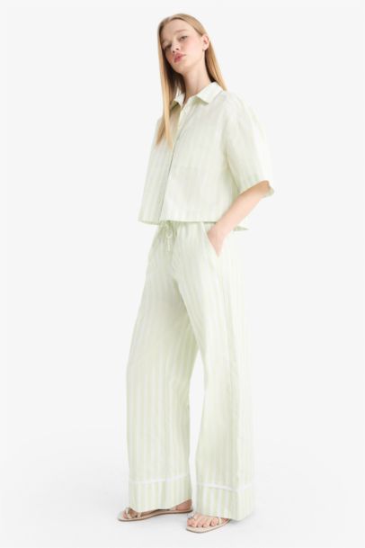 Wide Leg Striped High Waist Poplin Trousers
