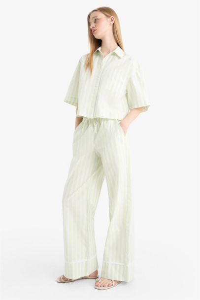 Wide Leg Striped High Waist Poplin Trousers