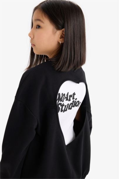 Oversize Geniş Kalıp Bisiklet Yaka Sırt Baskılı Sweatshirt Kız Çocuk