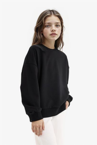 Oversize Geniş Kalıp Bisiklet Yaka Sırt Baskılı Sweatshirt Kız Çocuk