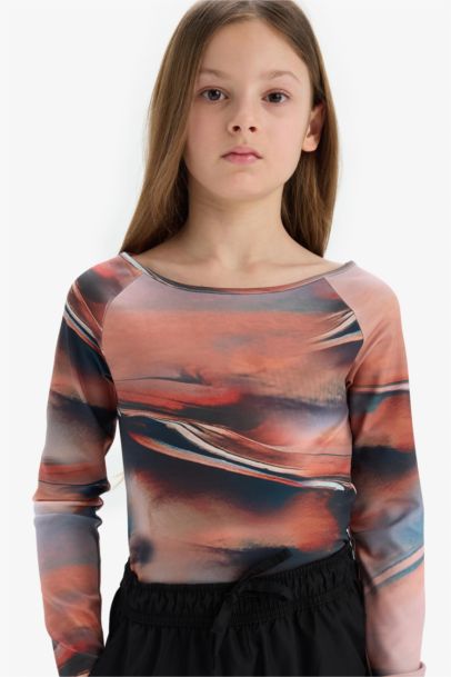 Slim Fit Dar Kesim Kaçık Yaka Uzun Kollu Tişört Kız Çocuk