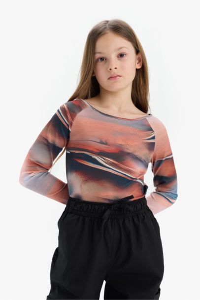 Slim Fit Dar Kesim Kaçık Yaka Uzun Kollu Tişört Kız Çocuk