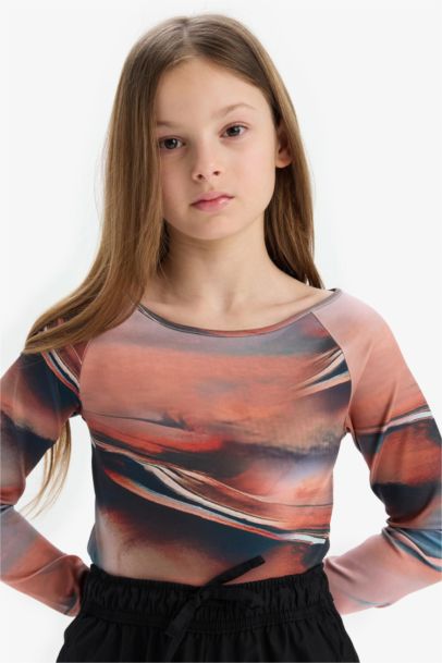 Slim Fit Dar Kesim Kaçık Yaka Uzun Kollu Tişört Kız Çocuk