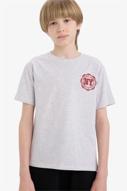 تيشيرت نص كم مطبوع قصة عادية برقبة مستديرة