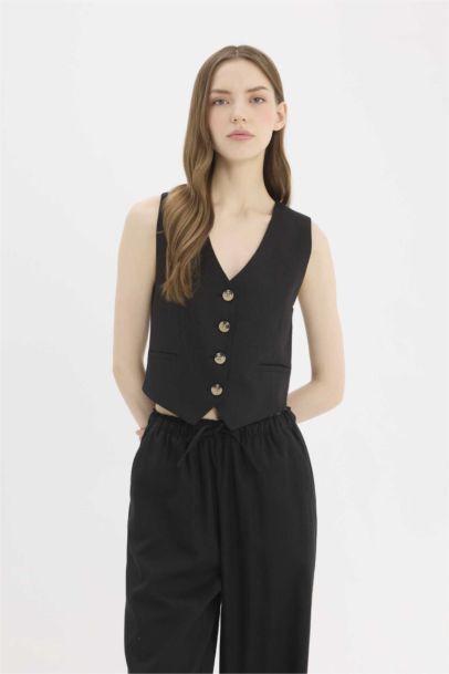 V Neck Linen Blend Vest