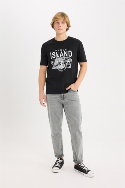 تيشيرت قطن نص كم قصة عادية برقبة مستديرة