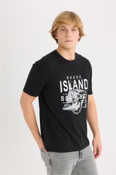 تيشيرت قطن نص كم قصة عادية برقبة مستديرة